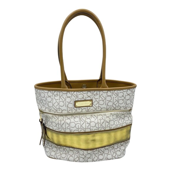 Calvin Klein Logo Print White Gold Stripe Large Tote Handbag Purse - Picture 1 of 8